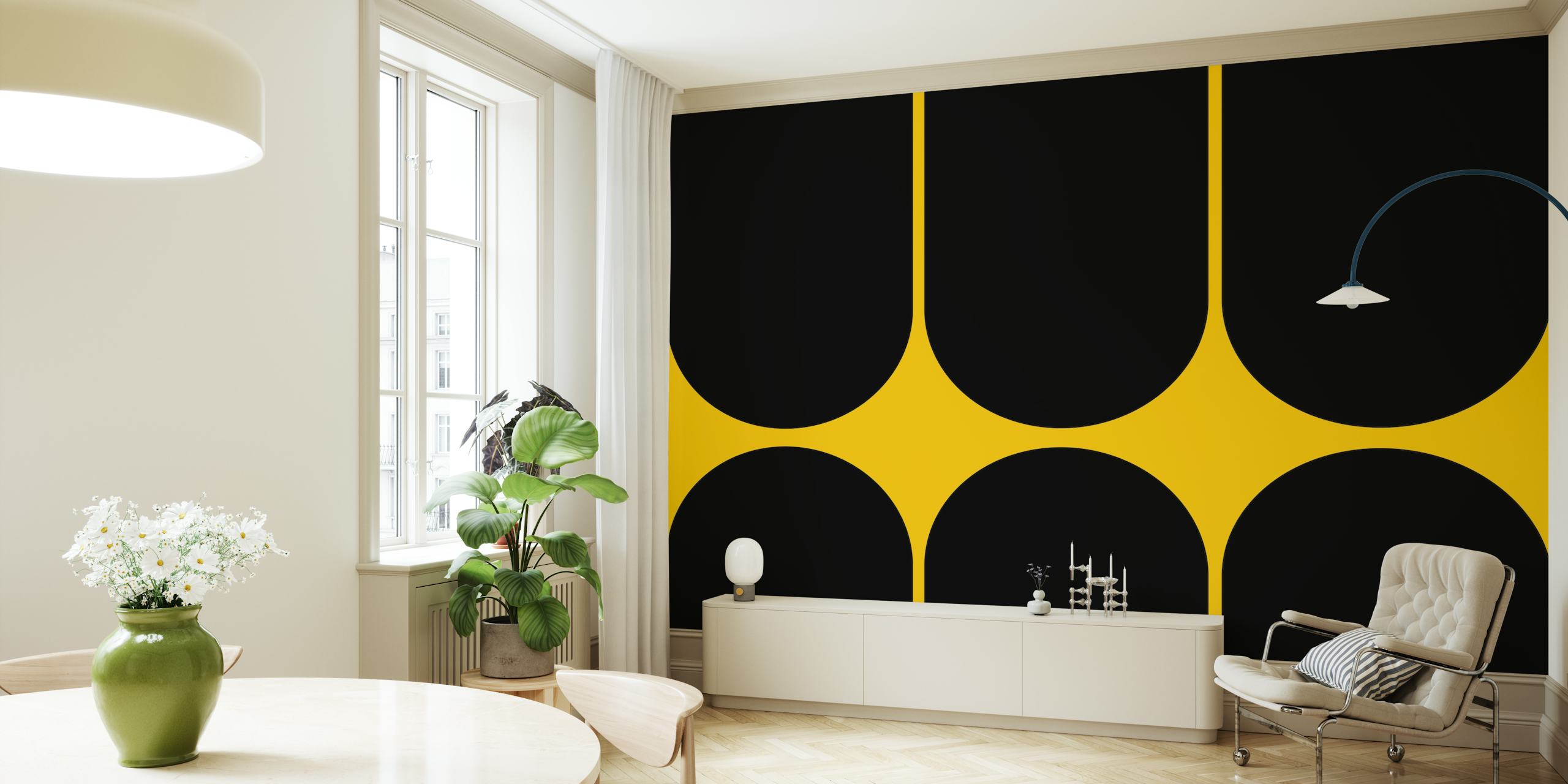 Tapeta Bold Seventies Mid-Century Arches w pokoju